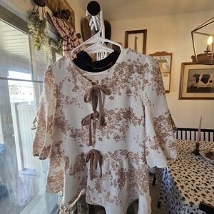 Monteau Cream Blouse with Brown Floral Tie Front